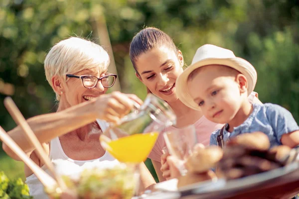 Happy Family Having Barbecue Lunch Garden Sunny Day — Stock Photo, Image