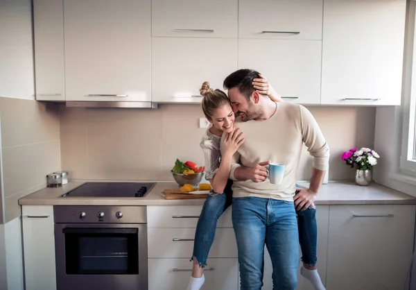 Romantic Young Couple Cooking Together Kitchen Having Great Time Together — Stock Photo, Image
