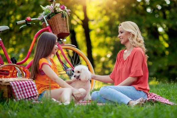 公園で楽しい時間を過ごしている家族 一緒にお母さんと娘 — ストック写真