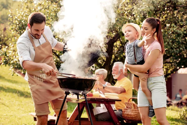 Family Having Barbecue Party Garden Summer — Stock Photo, Image