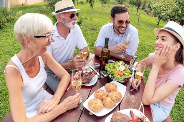 晴れた日に庭での食事 飲み物のワインを持つ幸せな家族 — ストック写真