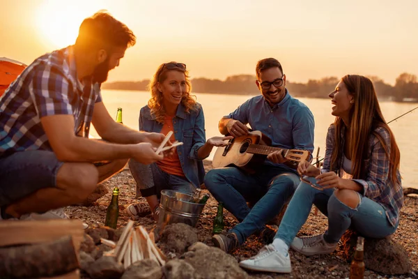 Group of people having fun on picnic on the beach at night.