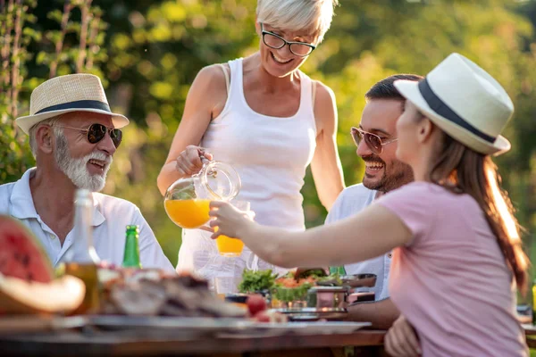 Happy Big Family Having Lunch Summer Garden Party People Food — Stock Photo, Image