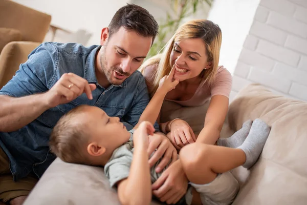 Family Time Mother Father Son Having Fun Home — стоковое фото