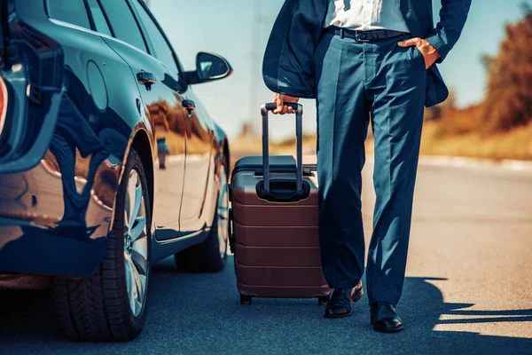Senior Businessman Traveling Work Wit Car Having Little Break — Stock Photo, Image