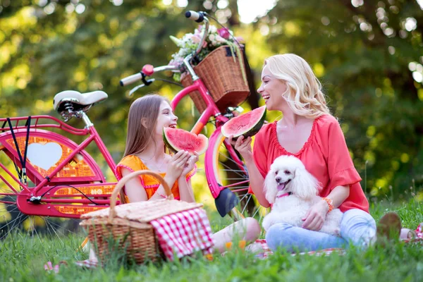 家族との時間 母と娘のピクニックの公園でスイカを食べる — ストック写真