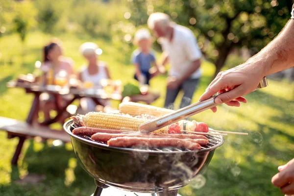 Close View Man Grilling Meat Grill Outdoors — Stock Photo, Image