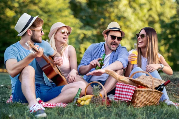 Summer, vacation, music and recreation time concept.Cheerful  friends having picnic,enjoying sunny warm day.