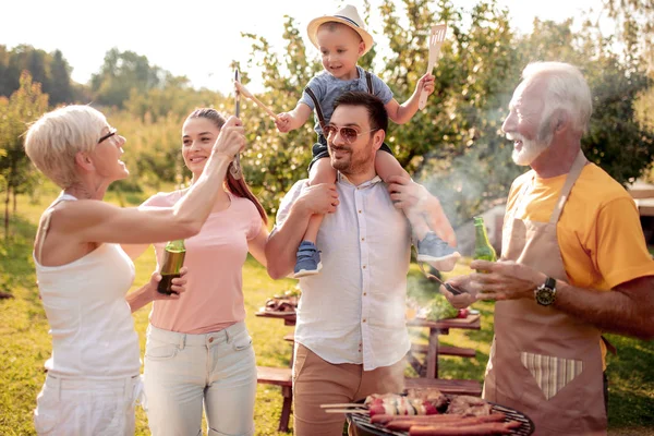 Family Having Barbecue Party Mother Father Son Grandparents Standing Grill — Stock Photo, Image