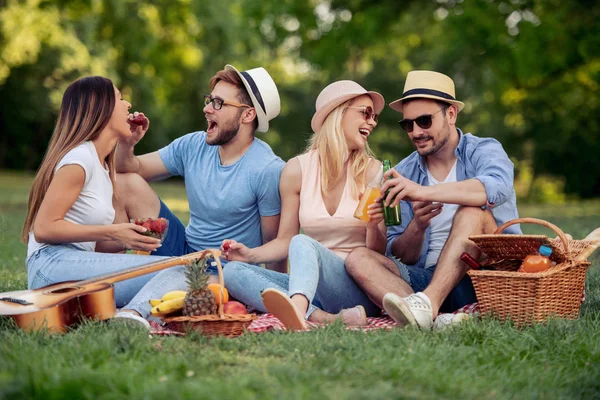 Sommer Urlaub Musik Und Freizeit Konzept Fröhliche Freunde Picknicken Genießen — Stockfoto