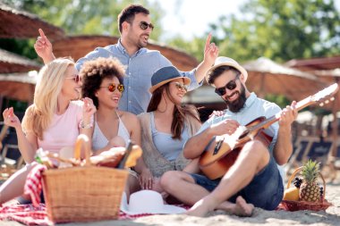 Gençlerin grup birlikte eğleniyor sahilde, piknik mutlu.