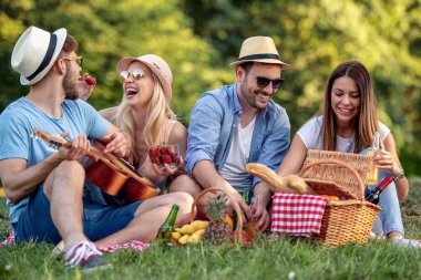 Neşeli grup arkadaşıyla Parkta piknik ve güneşli bir günde gitar çalmak. 