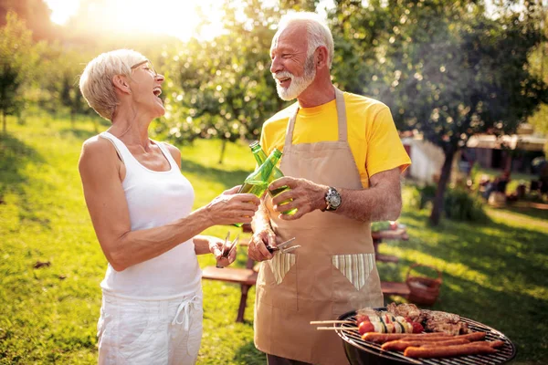 Senior Couple Making Barbecue Together Garden — Stock Photo, Image
