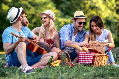 Parkta piknik ve güneşli bir günde gitar çalmak neşeli arkadaşları. 