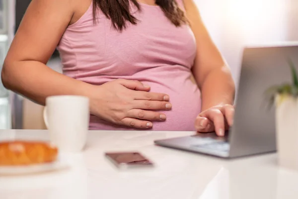 Έγκυος Γυναίκα Που Χρησιμοποιούν Φορητό Υπολογιστή Στο Σπίτι Κλείστε — Φωτογραφία Αρχείου
