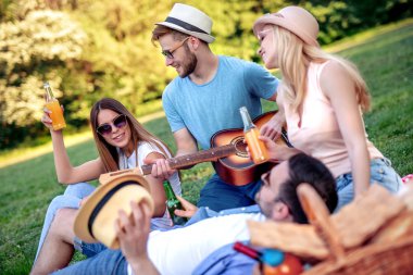 Bir parkta piknik yaparken bir grup arkadaş, piknik partisinin tadını çıkarıyorlar.. 