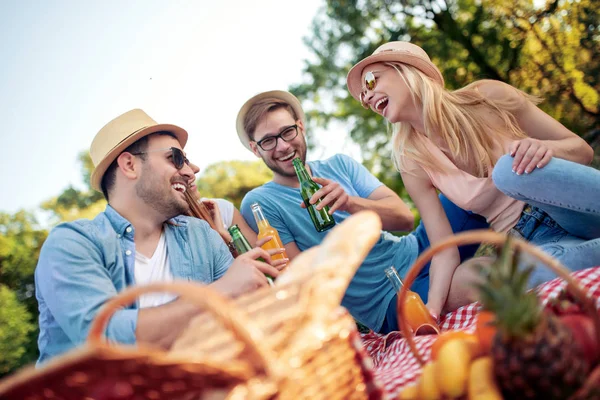 Groep Van Gelukkige Vrienden Genieten Van Picknick Prachtige Natuur — Stockfoto