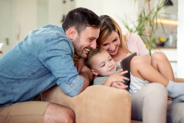 Lovely Family Enjoying Together Home Watching Cartoons — Stock Photo, Image