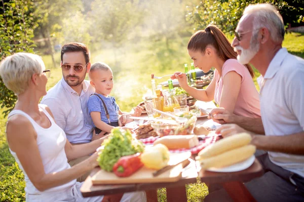 Familia Feliz Almorzando Juntos Jardín Verano —  Fotos de Stock