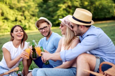 Birlikte piknik keyfi genç arkadaş grubu.