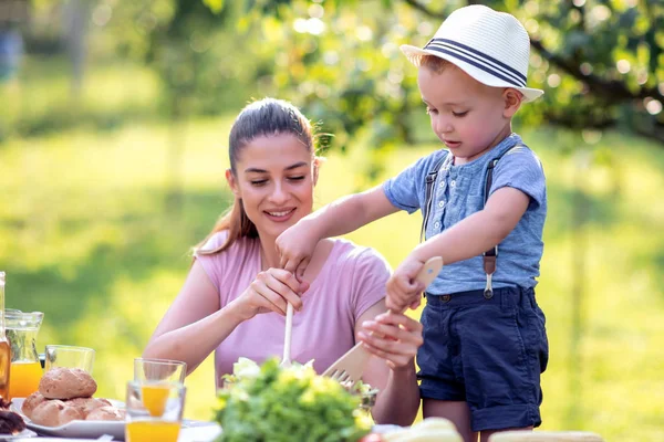 Beautiful Mom Her Little Son Picnic Enjoying Nature — Stock Photo, Image