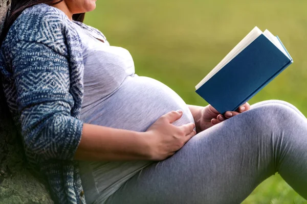 Femme Enceinte Reaxing Dans Parc Lecture Livre — Photo