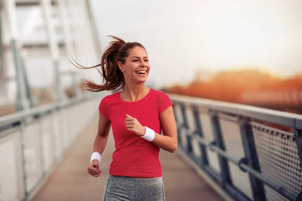 Young Fitness Woman Running City Street Sunny Summer Morning Health — Stock Photo, Image