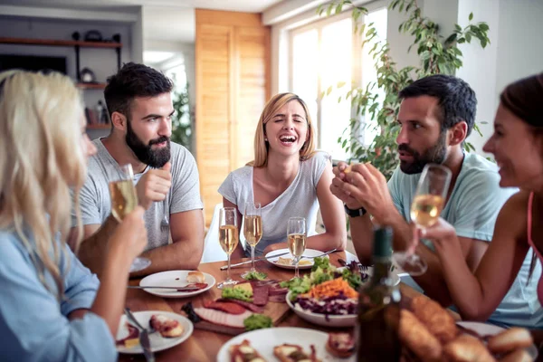 Young Friends Celebrate Wine Food Having Great Time Together — Stock Photo, Image