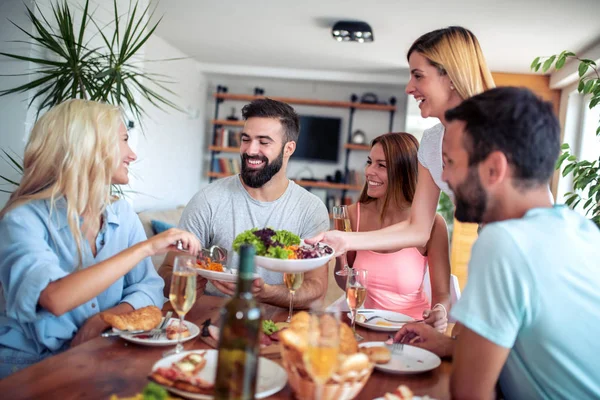 Group Young Cheerful People Having Fun Home Party Tasty Food — Stock Photo, Image