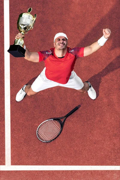 Joueur Tennis Tenant Trophée Sur Court Tennis Sport Fitness Mode — Photo