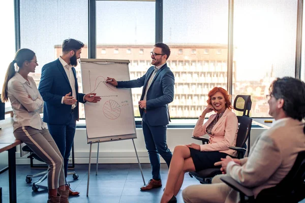Genç iş adamı meslektaşlarına sunum yapıyor..