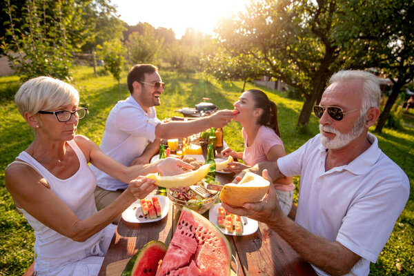 Два поколения семьи веселятся во время обеда на природе. Досуг, питание, люди и праздники