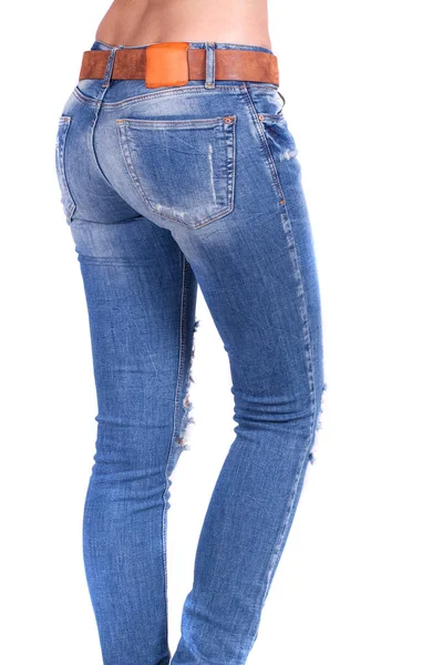 Close Sexy Woman Wearing Blue Jeans Fit Female Butt Blue — Stock Photo, Image