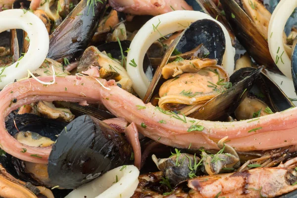 Mixed seafood platter. Assorted sea food on plate. Close up