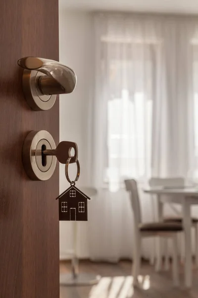 Ouvrez Porte Une Nouvelle Maison Poignée Porte Avec Clé Porte — Photo