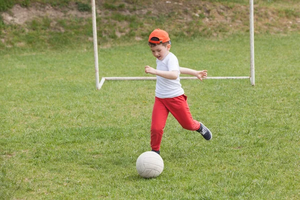 Little Boy Kicking Ball Park Playing Soccer Football Park Sports — Stock Photo, Image