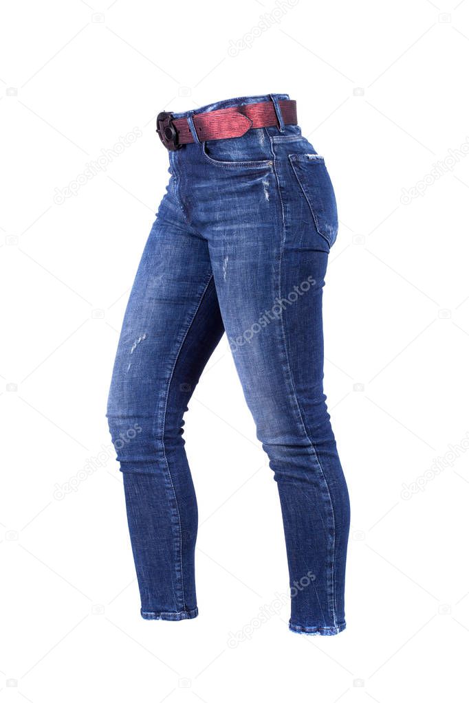 Sexy woman blue jeans. Female legs in jeans isolated on white