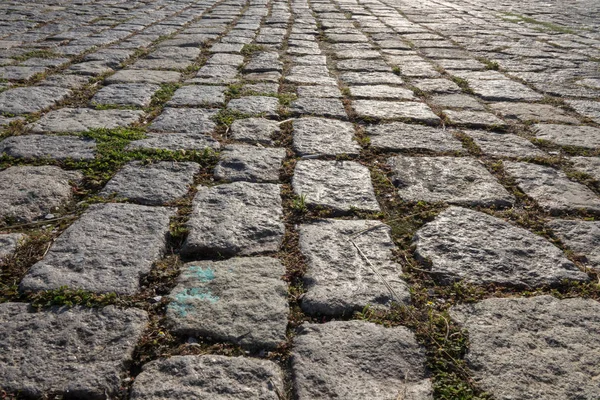 Velho Pavimento Paralelepípedos Rua Com Pavimento Granito Calçada — Fotografia de Stock