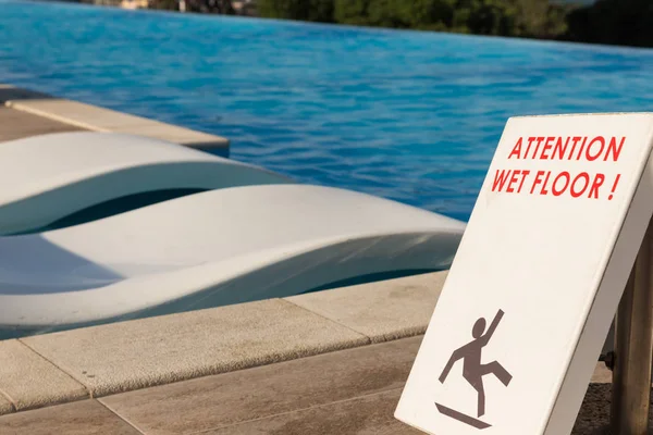 Wet Floor Sign Luxury Hotel Swimming Pool — Stock Photo, Image