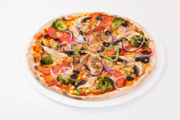 Delicious Vegetable Pizza Cheese White Plate — Stock Photo, Image