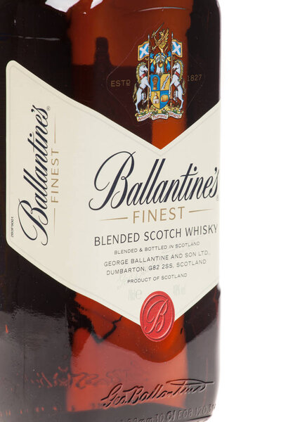 Varna, Bulgaria - September 21, 2016: Ballantines whisky isolated on white background. Ballantines is blended scotch whisky produced produced by Pernod Ricard in Dumbarton, Scotland.