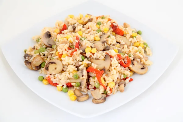 Arroz Con Verduras Plato Blanco —  Fotos de Stock