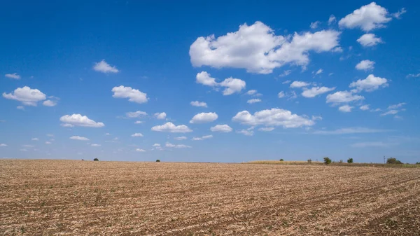 Tierra Arada Cultivada Campo Cielo Azul Nublado —  Fotos de Stock