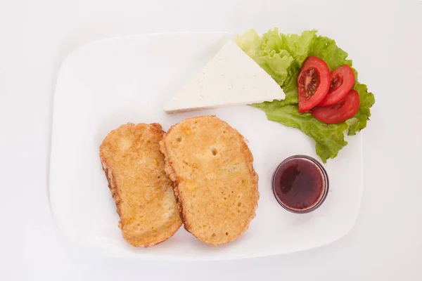 Heerlijke Zoete Franse Toast Met Kaas Tomaten Fruit Jam — Stockfoto