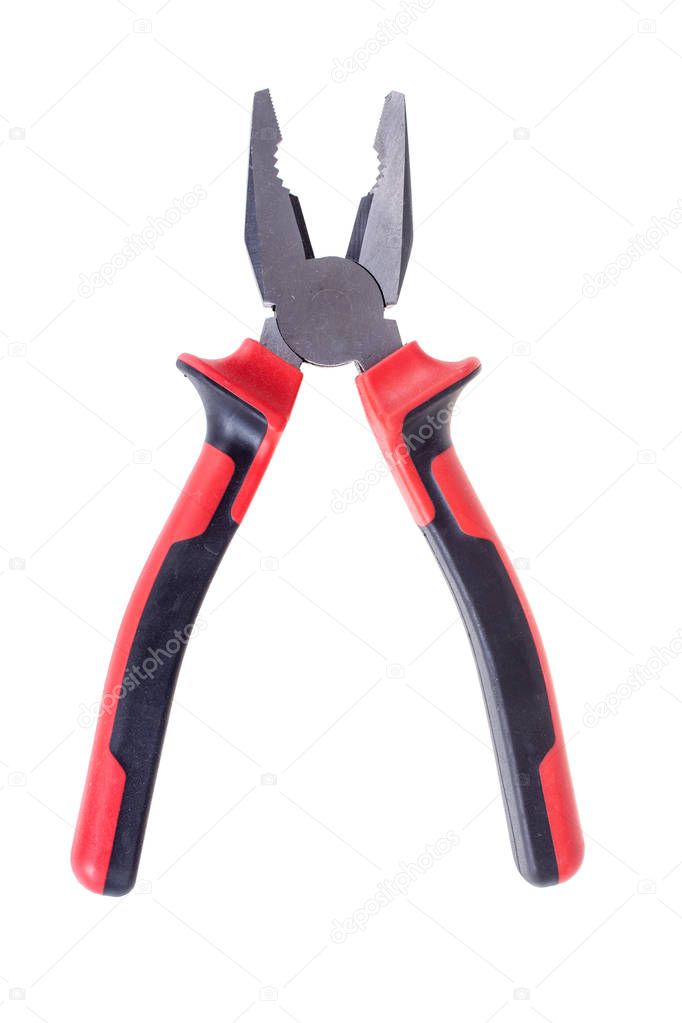 Pliers, pincers hand tool with red and black handle, isolated on white background