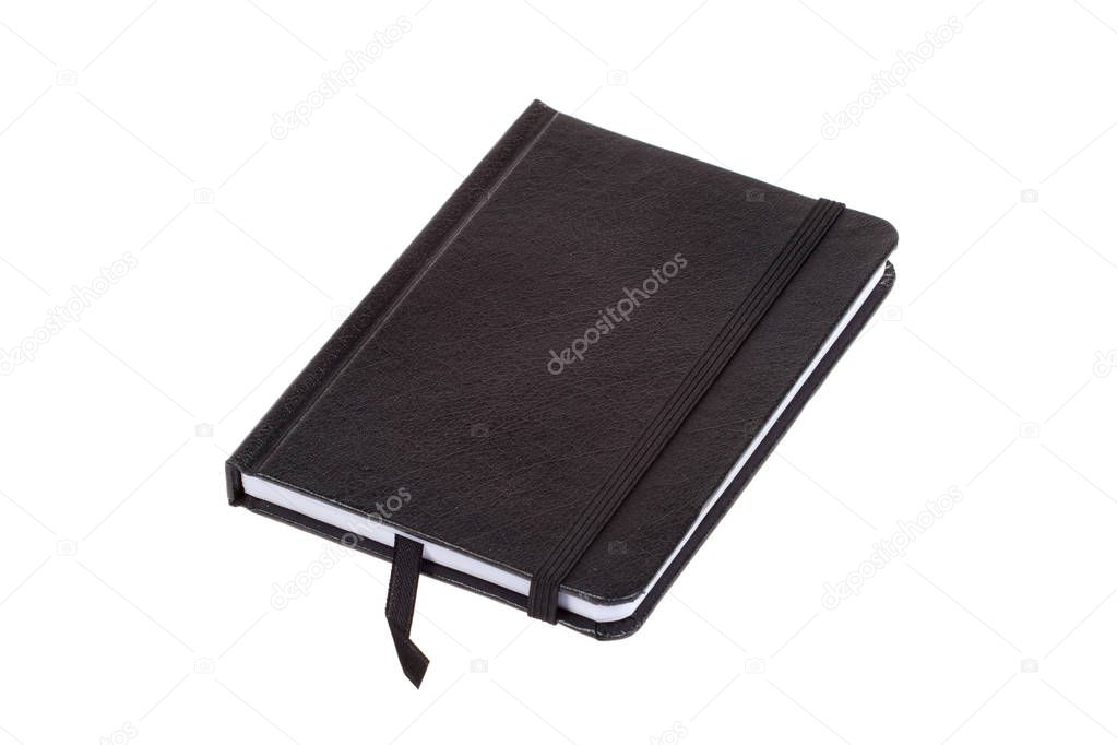 Blank black leather cover notebook, isolated on white