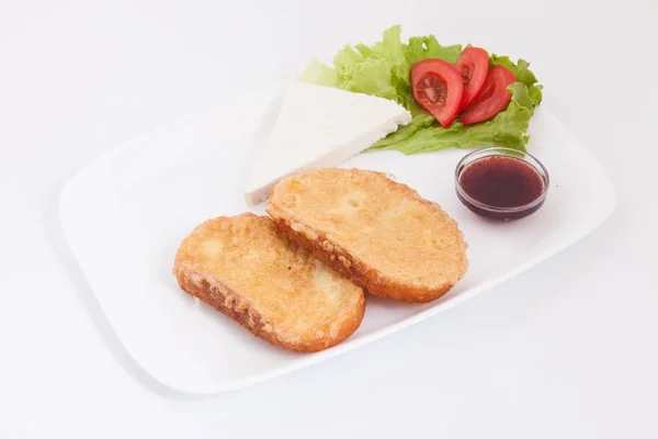 Delicioso Doce Torrada Francesa Com Queijo Tomate Geléia Frutas — Fotografia de Stock