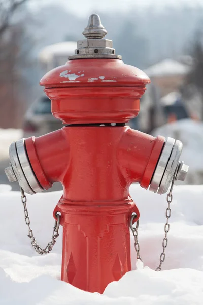 Красный Пожарный Гидрант Улице Fireplug Snow — стоковое фото