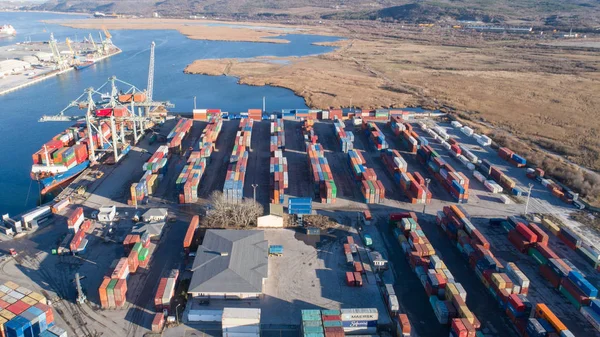 Vista Aérea Terminal Contêineres Portuários Porto Carga Industrial Com Navios — Fotografia de Stock