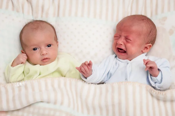 Dos Adorables Bebés Gemelos Uno Mirando Uno Llorando —  Fotos de Stock